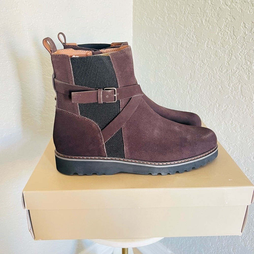 DONALD PLINER Buckled Lug Sole Bootie, Suede Leather, Dark Brown, Size 12, NWT‎